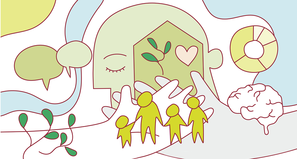 Illustration af et hoved og en hånd med stiliserede personer samt symboler for samtale, hjem, omsorg, hjerne og data.