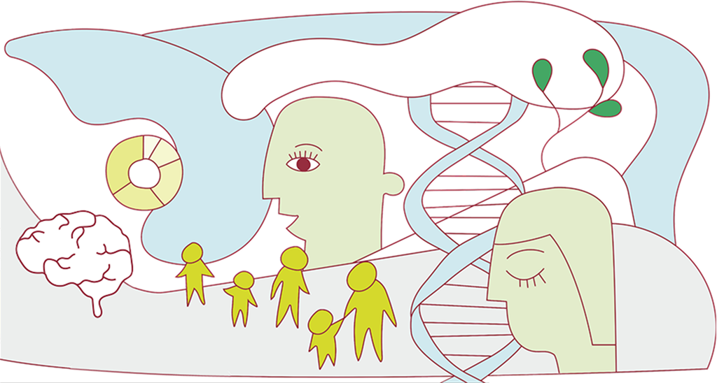 Illustration af to hoveder, en DNA‑streng, et hjerneikon og stiliserede personer, som symboliserer mennesker, genetik og udvikling.