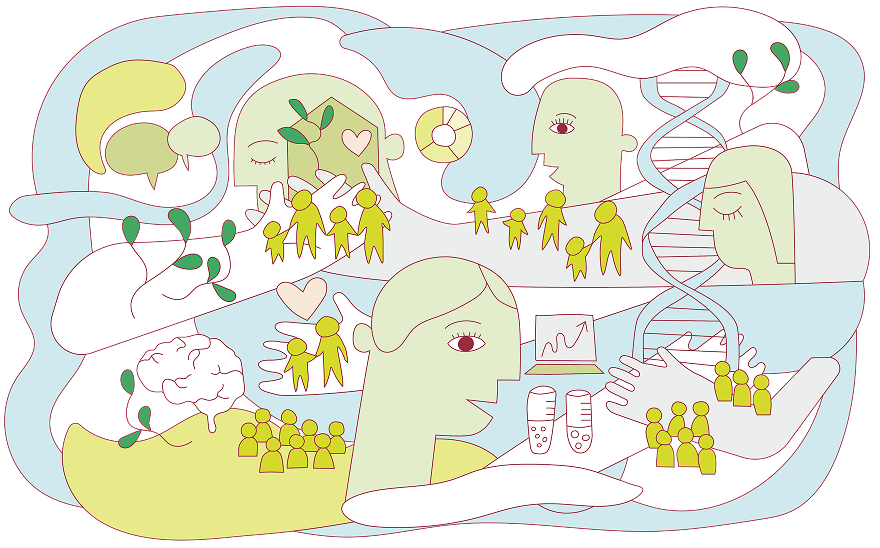 Abstrakt illustration af grønne hoveder, gule personer, DNA-strenge, grønne spirer, skyer og hjerter