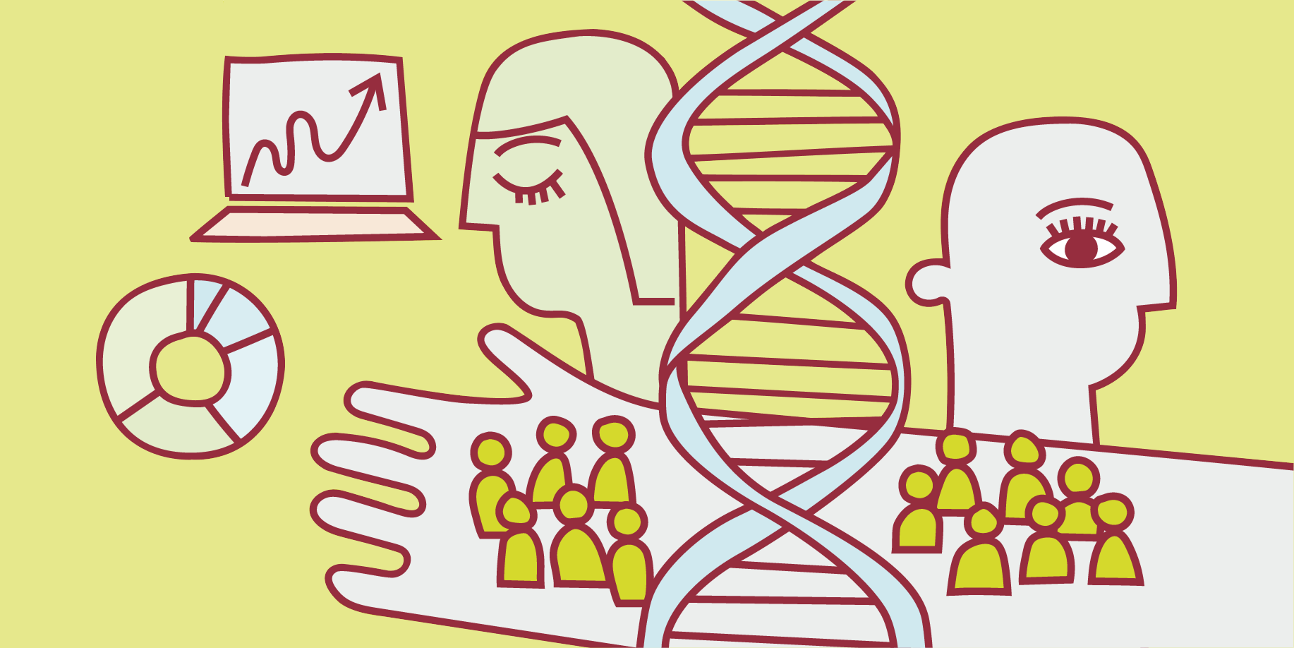 Illustration af to hoveder med en DNA‑streng imellem sig, omgivet af graf på computer, cirkeldiagram og grupper af gule personer