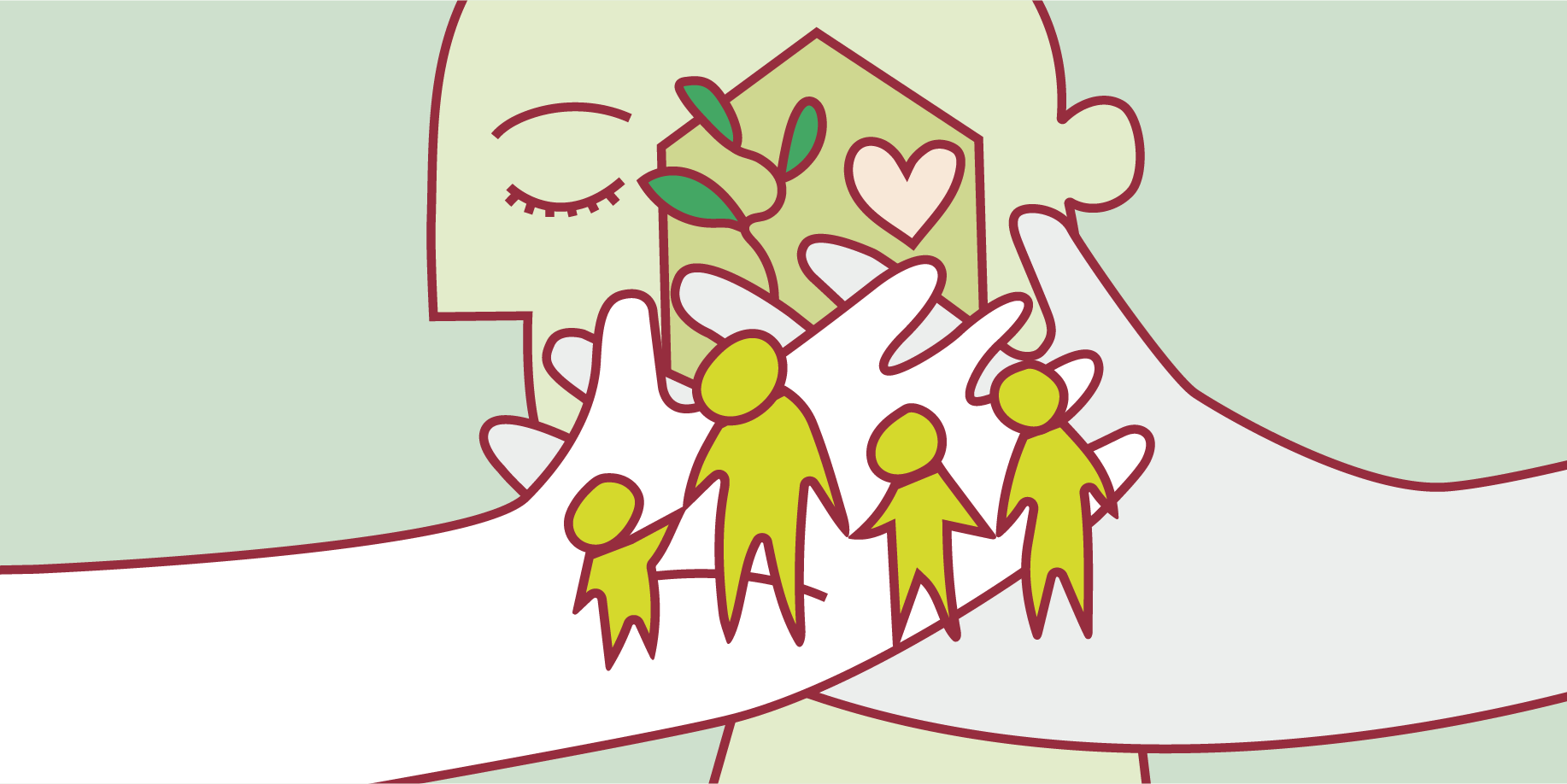 Illustration af store hænder, der løfter en gruppe stiliserede personer foran et hoved med et hus, et hjerte og en plante.