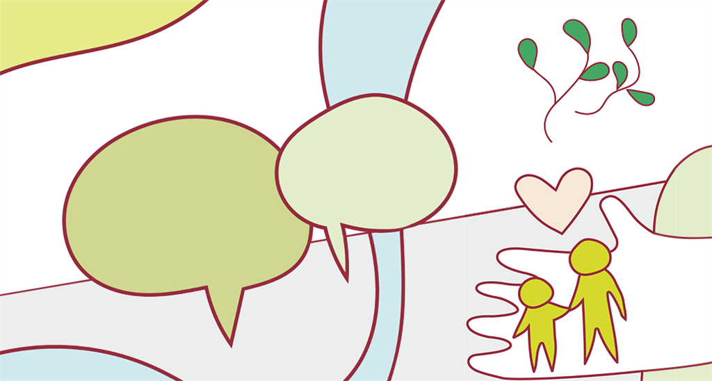 Illustration med talebobler, en hånd med et hjerte samt to stiliserede personer, der symboliserer samtale og omsorg.