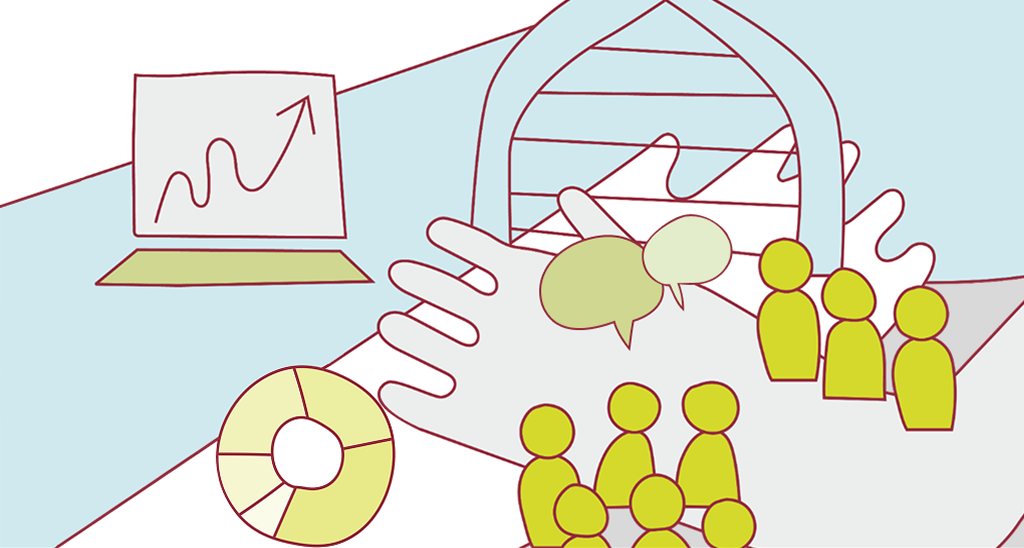 Illustration af grupper af mennesker, talebobler og en bygning, omgivet af symboler for data og forskning.